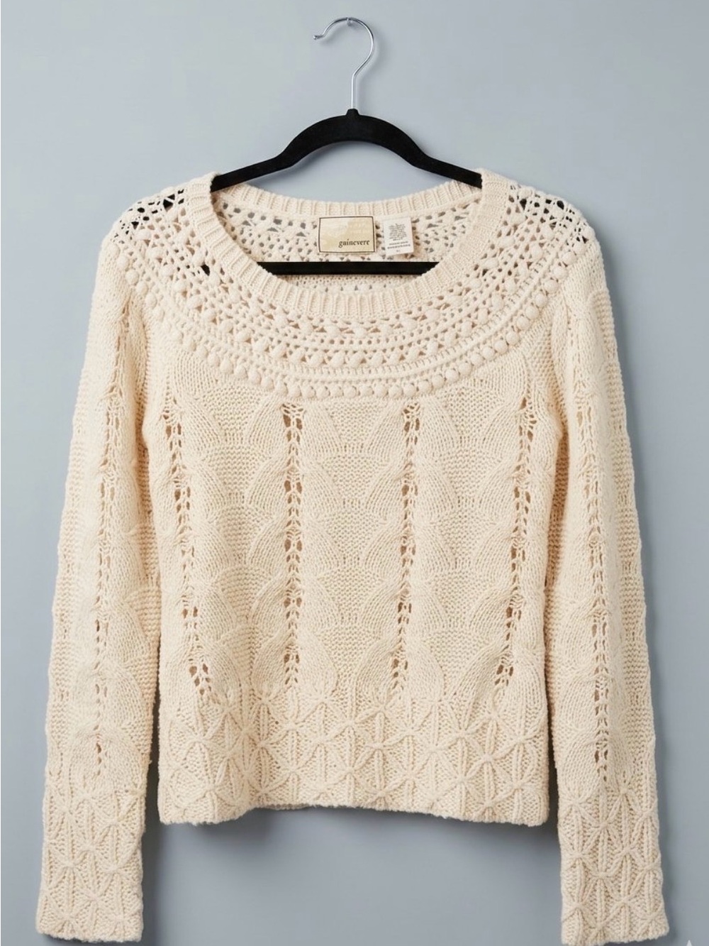 Guinevere by Anthropology Handmade-Style Cream Cable Scoop Neck Sweater, Large